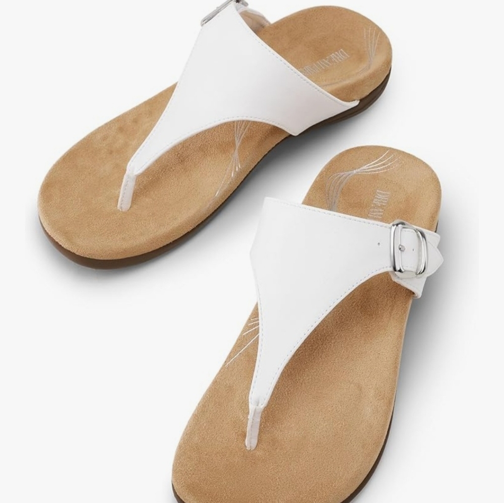 White Sandals with Thong Design, Buckle And Arch Support